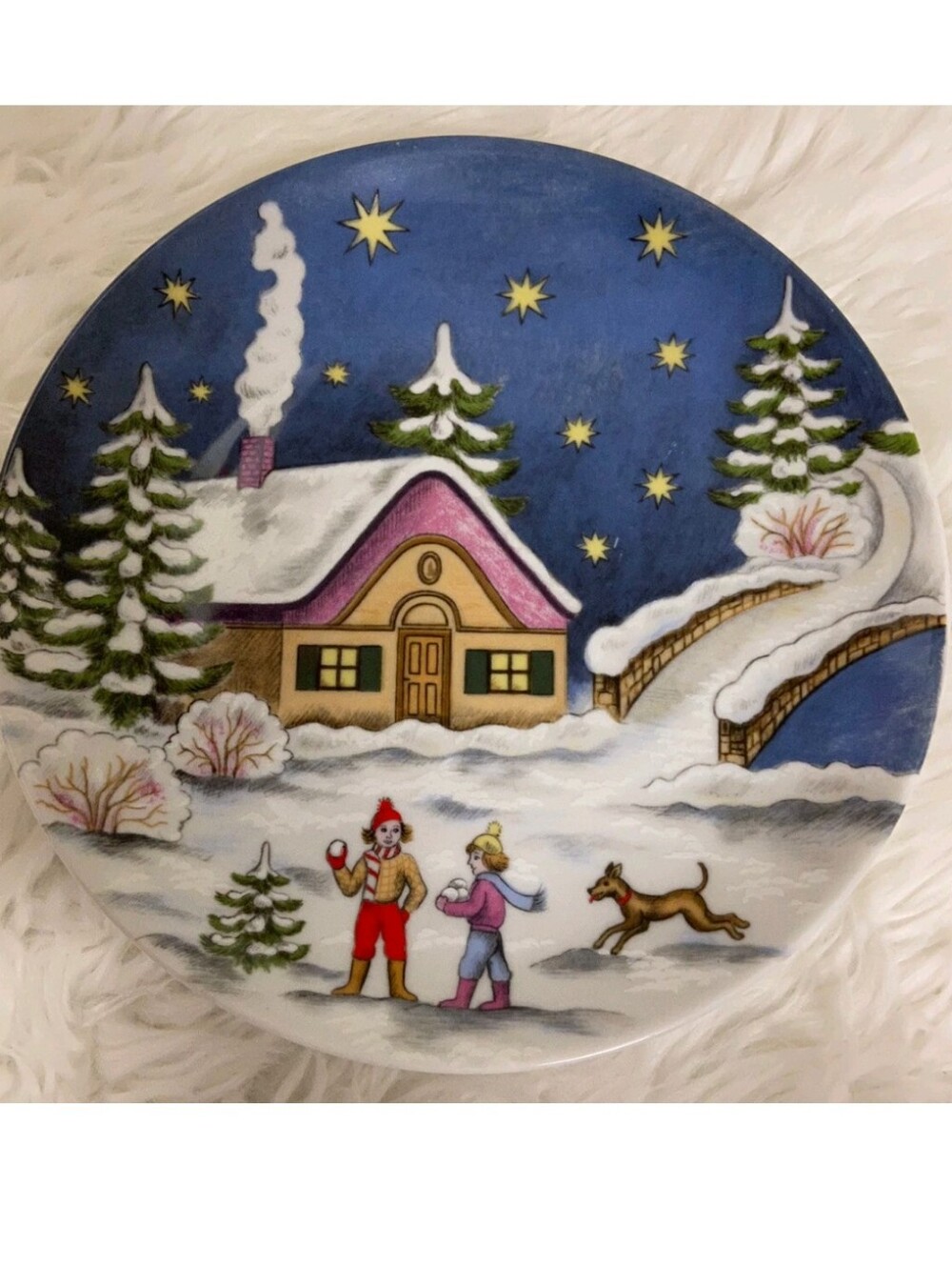 Kaiser W GERMANY Porcelain Plate Winter Snow Christmas Children Dog Play MOTIV 1